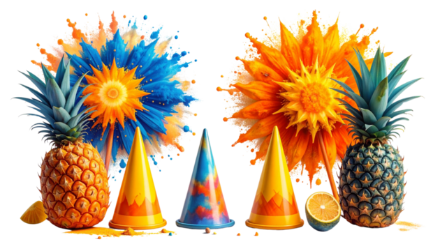 Maximalist fun duo with orange-blue attire and whimsical cones isolated on transparent background.
