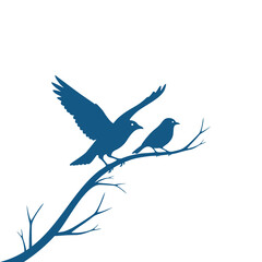 Two birds perched on a branch, one with wings raised, in a blue silhouette against a white background.