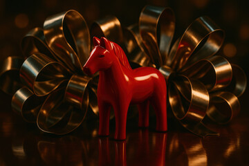 Glossy Red Horse with Golden Ribbon – Holiday Art