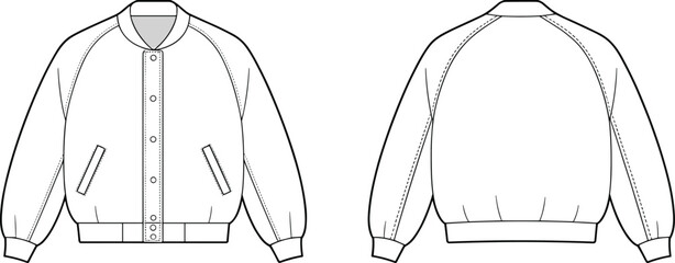 Bomber jacket technical fashion flat sketch, unisex outerwear clothing vector template, detailed CAD drawing for modern streetwear design flat vector illustration © Khaleda Creative