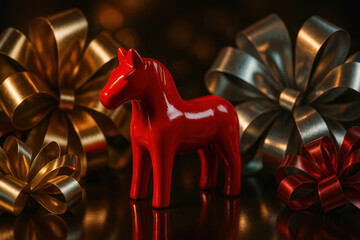 Glossy Red Horse with Golden Ribbon – Holiday Art