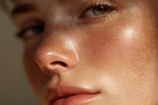 Close-up of a young woman's face, smooth and clear, with a healthy glow, suitable for natural skincare.