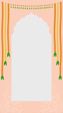 Traditional Indian Wedding Invitation Frame Background with Marigold Flower Garland Toran, Arch Window Design, Festive Floral Border Animation Template