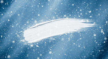 Experience the magic of a winter wonderland with a bold white brushstroke amidst falling snowflakes and a cool blue gradient background