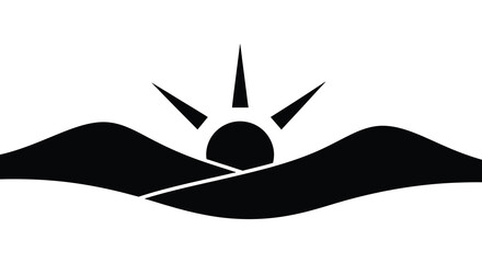 Abstract sunrise silhouette emerging from rolling hills creating a minimalist graphic design element silhouette