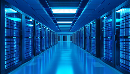 Modern server room with blue lights, rows of secure racks and advanced technology creates a clean digital data space.