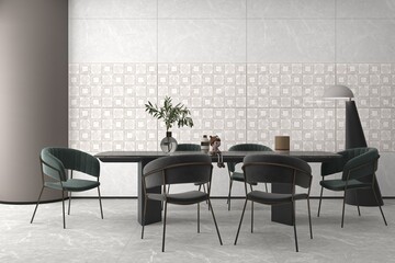 Elegant open dining room interior featuring mat gray marble floor, gray wooden table, six comfy chairs, hanging white lamp, and textured decor. 3D Rendering