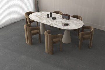 Luxury dining area interior with featuring quartz console oval shaped dining table and framed decor accents, mat gray tiles on floor, beige wall. 3D Illustrations. Mockup. 3D Rendering