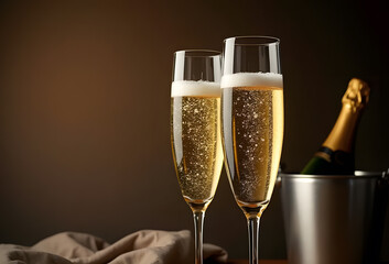 Champagne glasses with bottles in silver ice bucket, festive joy design