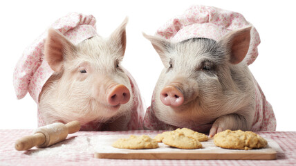 Cute pig wearing a colorful hat with playful expression and detailed skin texture, isolated on white background
