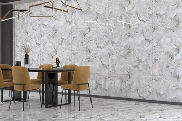 Exhibition show setup. Warm dining room featuring quartz table and glossy tiles on floor and wall. 3D Rendering