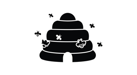 A stylized black silhouette of a traditional beehive with flying bees around it representing beekeeping and honey production silhouette