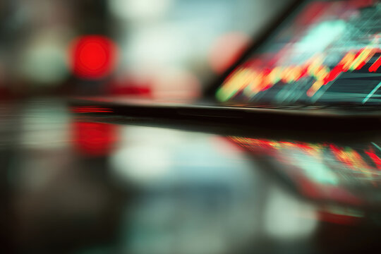 Abstract glowing graphs on laptop corner financial data analysis technology blurred background modern workspace digital chart business growth vibrant color reflection