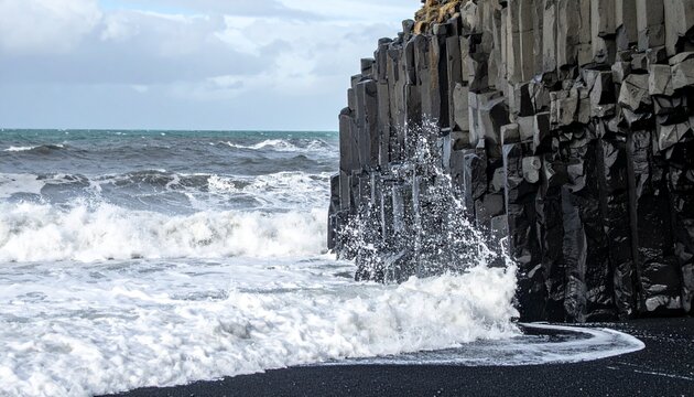 Dramatic basalt columns meet the wild ocean waves crashing on Iceland's black sand beach, creating a rugged and powerful coastal scene perfect for travel and nature themes - Powered by Adobe