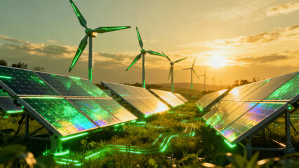 Renewable energy sources with solar panels and wind turbines