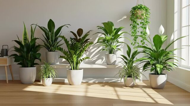 Interior with various houseplants in white pots, lit by sunlight