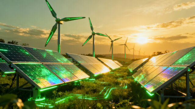Renewable energy sources with solar panels and wind turbines - Powered by Adobe
