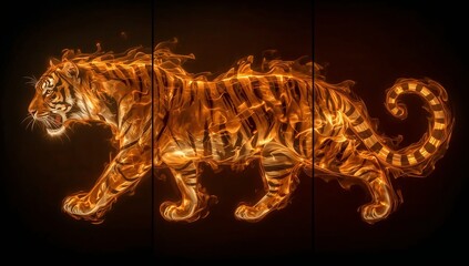 Tiger to Fire Spirit Triptych — Fiery transformation of tiger stripes into swirling flames, bold energy artwork and smartphone wallpaper.
