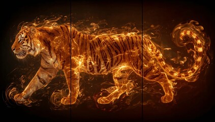 Tiger to Fire Spirit Triptych — Fiery transformation of tiger stripes into swirling flames, bold energy artwork and smartphone wallpaper.