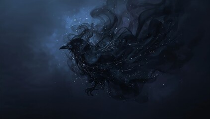 Raven to Shadow Spirit Triptych — Mysterious raven dissolving into black smoke and stardust, dark celestial artwork and smartphone wallpaper.
