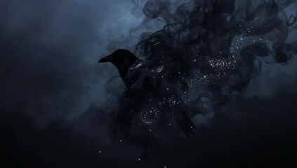 Raven to Shadow Spirit Triptych — Mysterious raven dissolving into black smoke and stardust, dark celestial artwork and smartphone wallpaper.