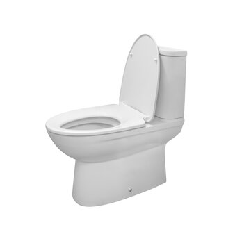 White ceramic toilet bowl, the lid is open isolated on white background