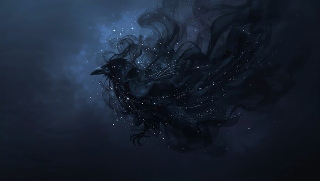 Raven to Shadow Spirit Triptych &mdash; Mysterious raven dissolving into black smoke and stardust, dark celestial artwork and smartphone wallpaper.