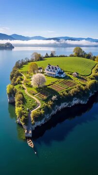 By the waters, mountains rise tall
A lone house rests where green leaves fall
A tiny boat drifts in peaceful grace
Nature&rsquo;s silence wraps this hidden place