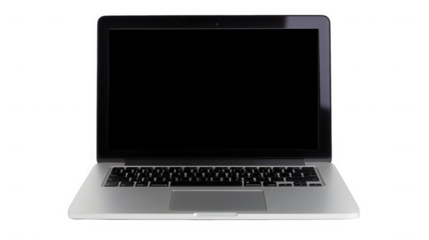 Silver laptop computer with a blank screen for technology use on transparent background