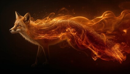 Fox to Flame Spirit Triptych — Graceful abstract metamorphosis of a fox transforming into flowing ribbons of firelight, elegant elemental wallpaper.