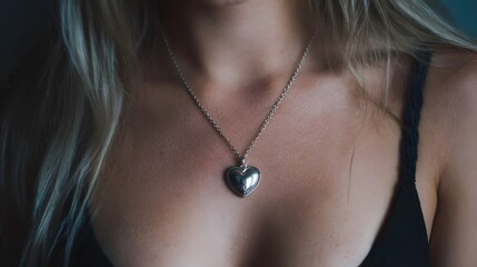 A detailed close up of a woman s du00e9colletage adorned with a gleaming polished silver heart shaped pendant necklace highlighting delicate skin