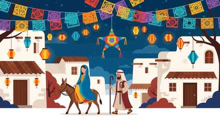 Nativity scene in a town with Mary Joseph donkey piñata lanterns and papel picado banners
