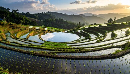 Stunning rice terraces cascade down lush hillsides, reflecting the sky in tranquil waters, showcasing sustainable agriculture and serene beauty, ideal for travel, nature, and eco-tourism campaigns