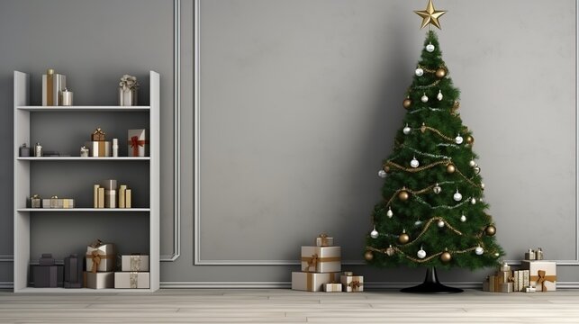 A beautifully decorated Christmas tree with presents piled around its base and a shelf of gifts to the left, set against a gray wall.