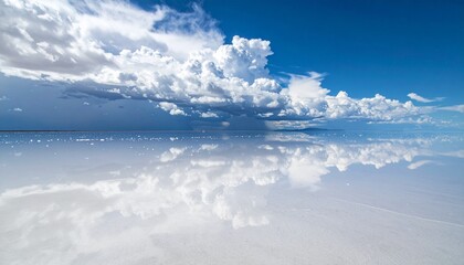 Dreamy landscape with cloud reflections over a vast salt flat creating a stunning, surreal scene, perfect for travel blogs, atmospheric designs, and peaceful meditation visuals