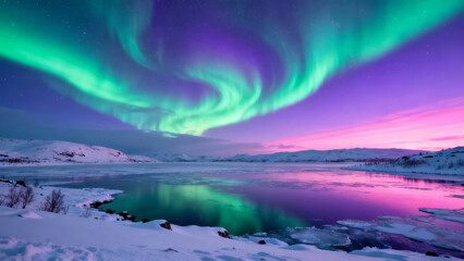 Naklejka premium Stunning aurora borealis dancing over a snowy landscape with a reflecting lake
