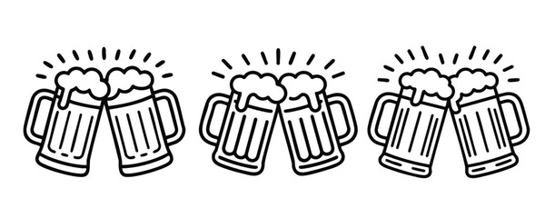 Three Pairs of Clinking Beer Mugs, Beer Toast Icon Set, Clinking Beer Mugs Line Art, Cheers Beer Icon, vector, illustration