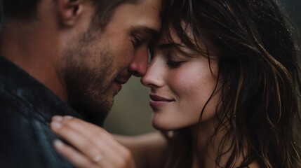 Close up of a loving couple embracing with foreheads touching in the rain conveying deep int y and connection