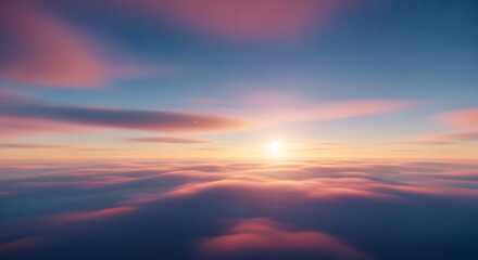 Fototapeta premium Breathtaking view of a vibrant sunset over a sea of soft, colorful clouds, with the sun's golden rays illuminating the horizon.