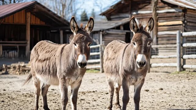 Two Donkeys Standing in a Barnyard at a Farm