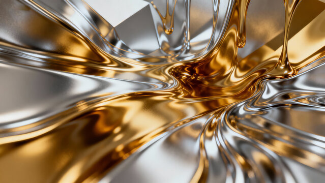 Abstract golden and silver liquid-like shapes with dynamic patterns
