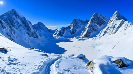 Alpine peaks coated in fresh snow rise over a silent forest, clear blue sky frames a wide bright winter landscape with crisp light.