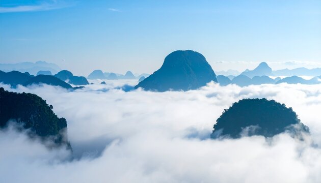 Serene mountain peaks pierce through a soft blanket of clouds, a breathtaking vista of natural beauty, perfect for travel blogs, scenic backgrounds, and inspirational content - Powered by Adobe