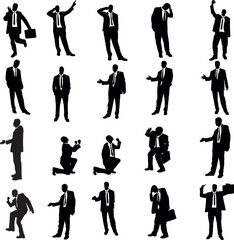 Diverse silhouettes of business professionals in various poses demonstrating concepts and actions