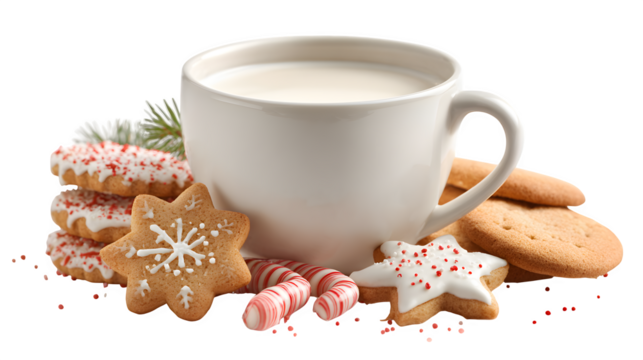 Christmas cookies and milk, isolated on transparent background