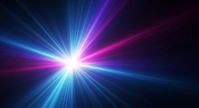 Exploding starburst effect with vibrant blue and magenta light rays bursting from a bright white core against a dark background, perfect for futuristic concepts.