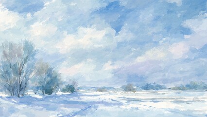 冬の雪景色の風景 柔らかな筆致の水彩風景画