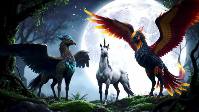 Mythical creatures gathered under bright full moon in dark forest