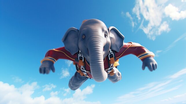 A Cartoon Baby Elephant Wearing A Red Suit Parachuting Through A Bright Blue Sky