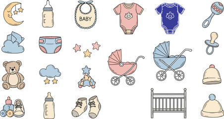 Collection of hand drawn baby items and nursery essentials in a whimsical colorful illustration style